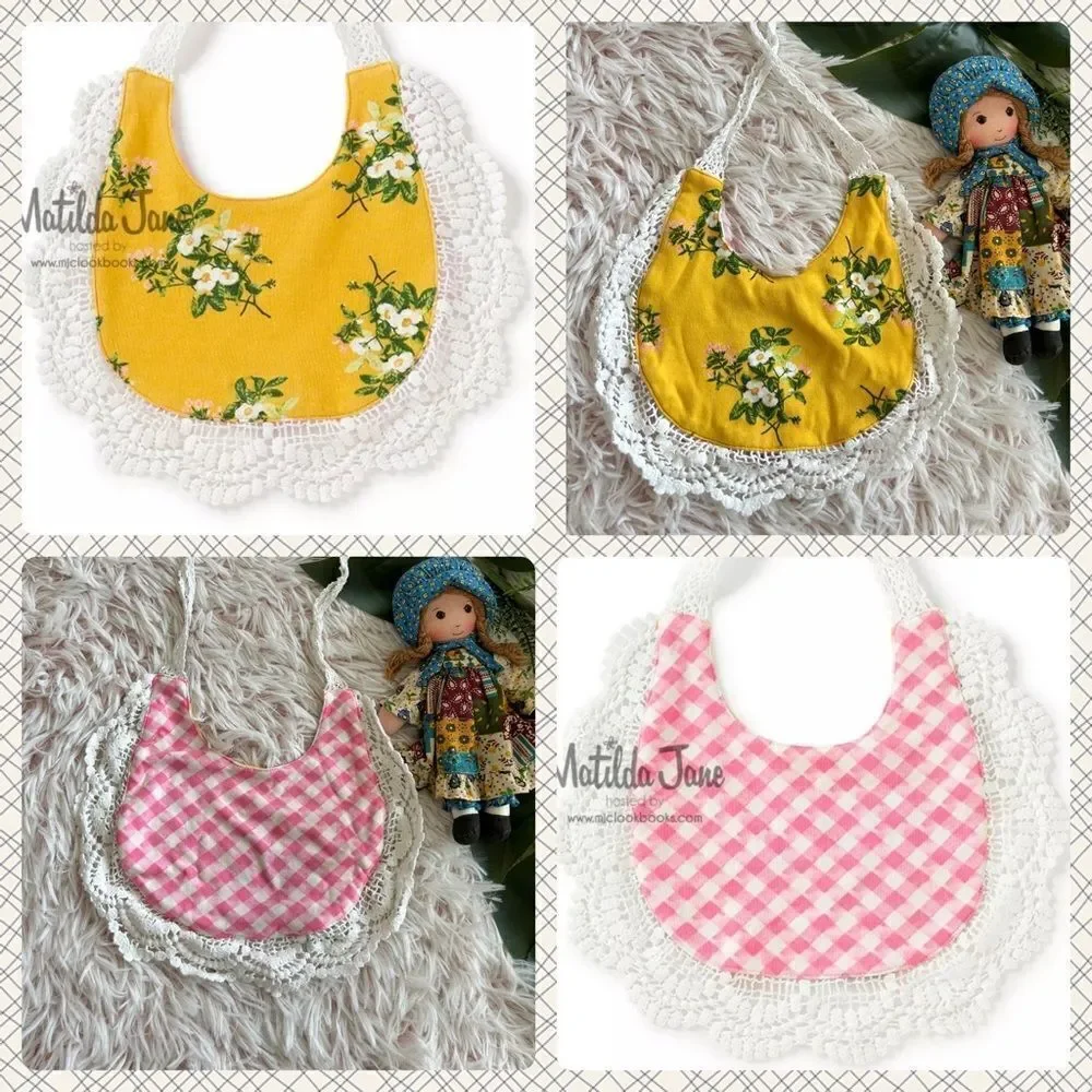 Matilda‎ Jane Pink Yellow Gingham Floral Lace Reversible Bib Cottage Shabby Chic